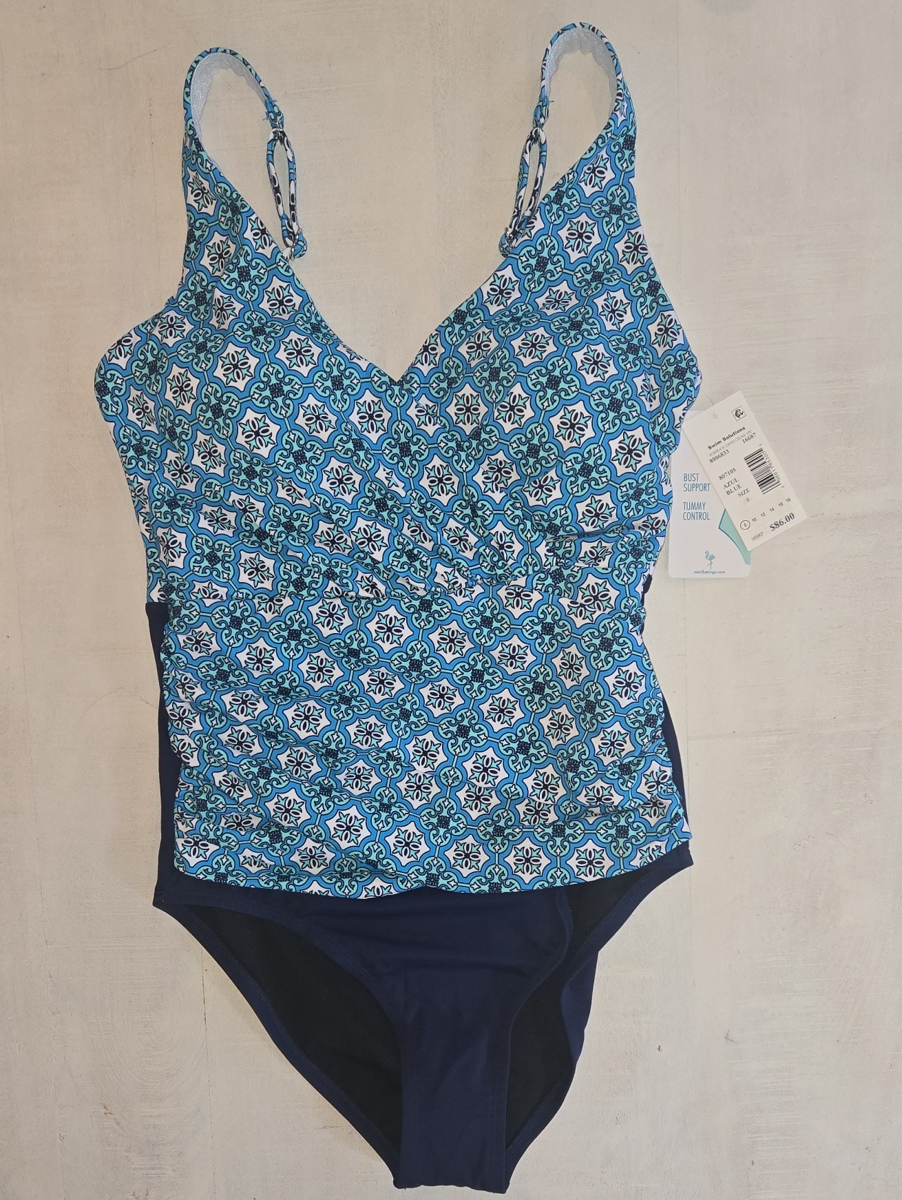 Swim Solutions Blue Tile-Print One-Piece Swimsuit Tummy Control Bust Support Nwt